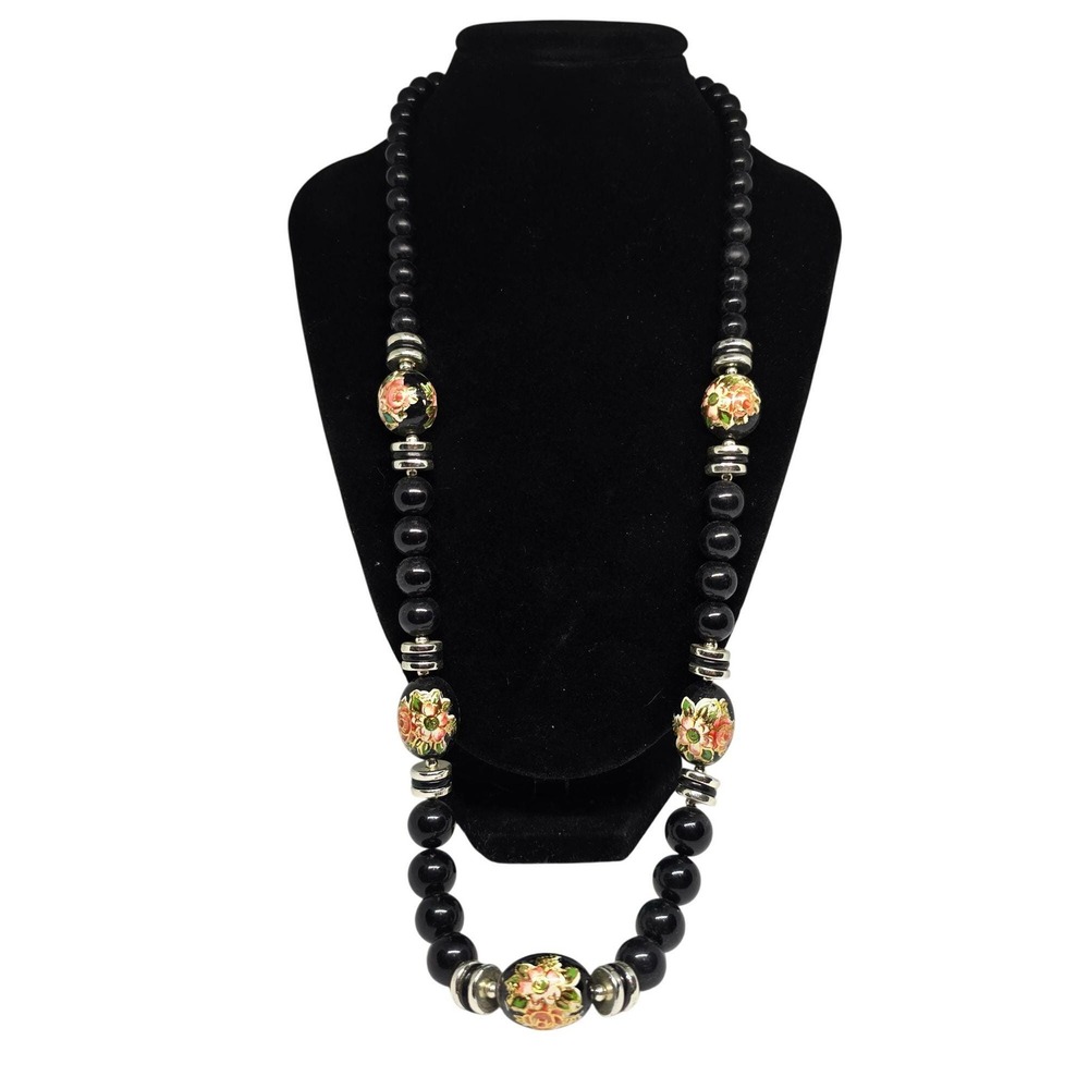 Vintage Black Beaded Cloisonné Floral Necklace Gold Tone Spacers Statement 24"